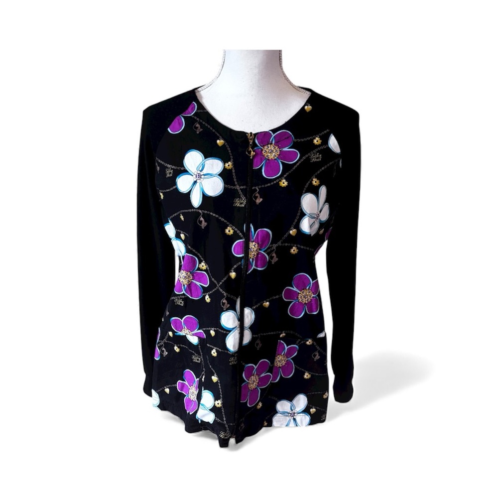 Baby Phat Y2K Black Zip Up Sweatshirt Shirt Purple White Floral Small Tropical